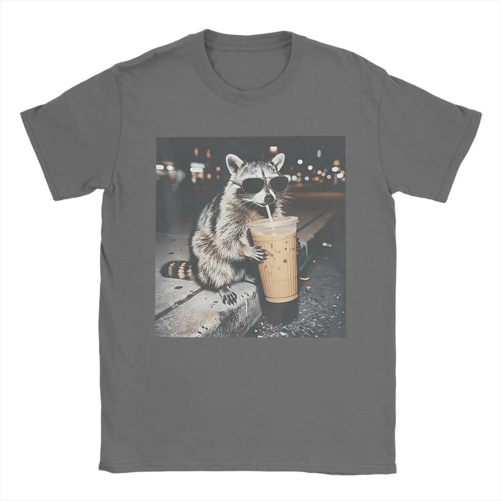 Unisexs Tshirt Raccoon Drinking Iced Coffee Funny Animal Meme Funny Pure Cotton Tees Short Sleeve T Shirts Crewneck Tops Gift