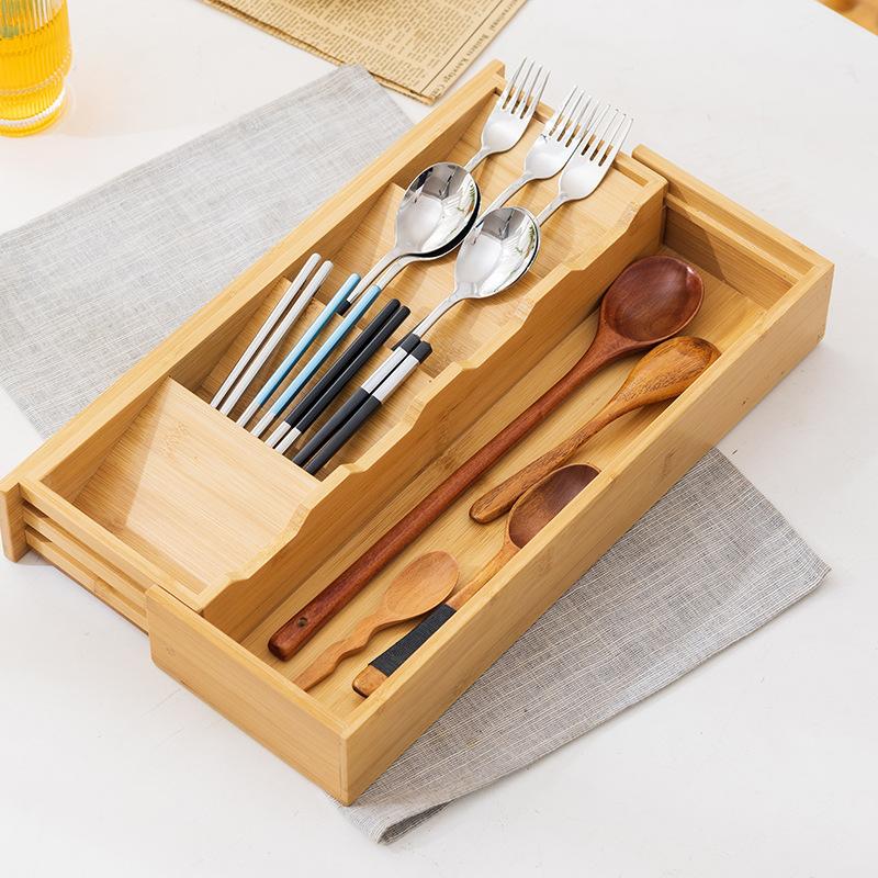 Kitchen Cutlery Box Bamboo Storage Box Chopstick Fork Telescopic Drawer Storage Rack Kitchen Organizer Home Organizer