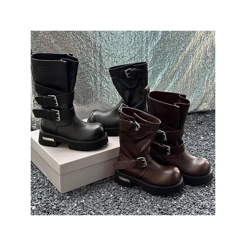 Sheepskin version thick-soled medium boots retro big-headed knight boots female venom belt buckle Martin boots female western cowboy boots