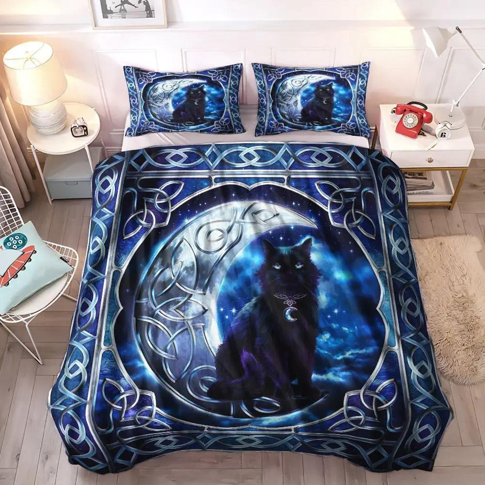 Geheimnisvolles Schwarze Katze Bettbezug-Set Gothic Schwarze Katze Bettwäsche-Set Doppelbett Dreiteiliges Set