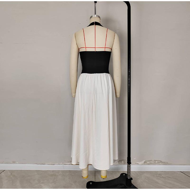 Women's Black and White Spliced Hanging Neck Backless Long Dresses U-neck Daily Casual Versatile Style Summer New Women's Contrasting Dresses