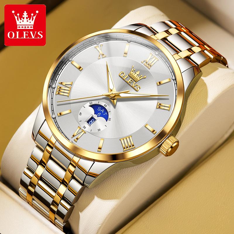 

OLEVS Brand New Fashion Men Watches Stainless Steel Original Quartz Watch for Man Waterproof Luminous Date Moon Phase Wristwatch золотий/білий