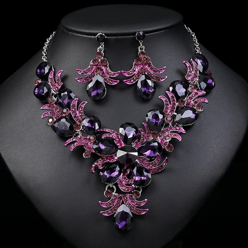 

Dazzling purple new European and American exaggerated jewelry necklace bridal wedding set jewelry diamond alloy water drop shape фиолетовый