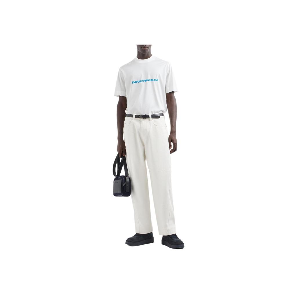 Emporio Armani Letter Logo Embroidered Round Neck Pullover Short Sleeve T-Shirt Men Tops Warm-White 6D1TR9-1JOSZ-0101