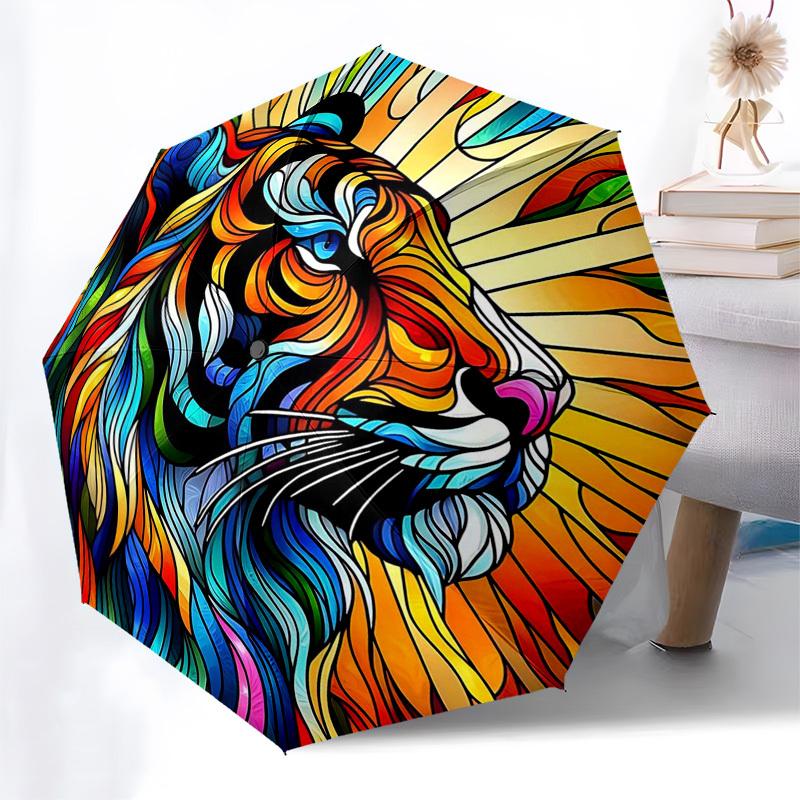 

1pc Colorful Tiger Stained Glass Auto-Open Close Umbrella, Portable Folding Design with 8-Bone Iron Frame, Outdoor, Gift for Fans, Travelers, Daily Us