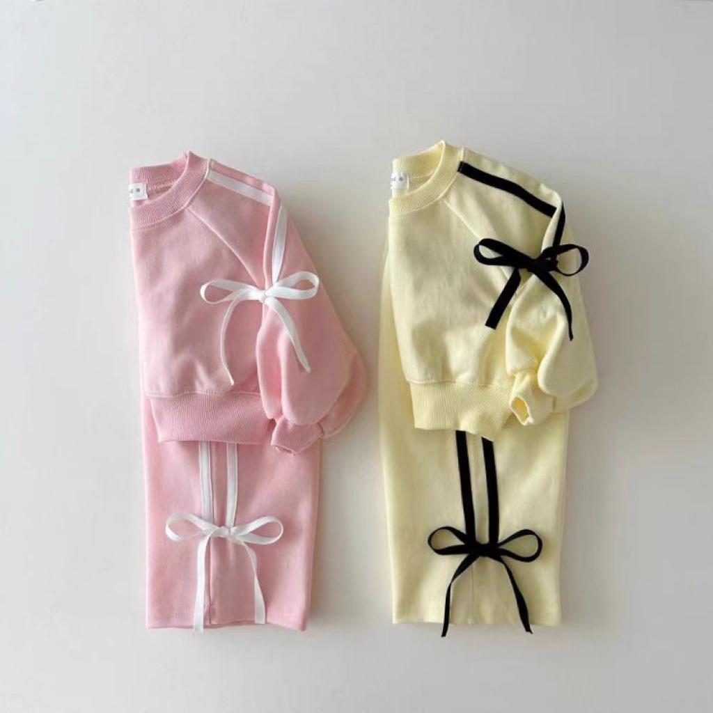 Spring Children Long Sleeve Sports Set Baby Girl Cute Bow Sweatshirt Pant Toddler Versatile Casual Outfits