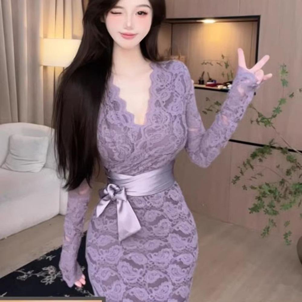 Gentle Romantic Slimming Fashionable Dress Women Long-sleeved New Style Light and Hip-hugging Skirt