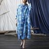 Women Vintage Dress Stand Bat Sleeve Print Floral Blue Autumn Chinese Stye Loose Dresses