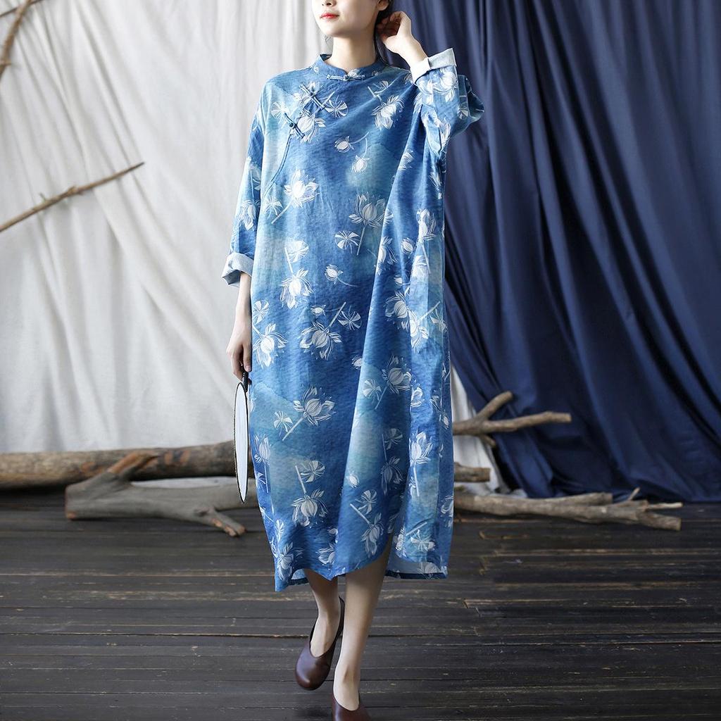 Johnature Women Vintage Dress Stand Bat Sleeve Print Floral Blue Autumn Chinese Stye Loose Dresses