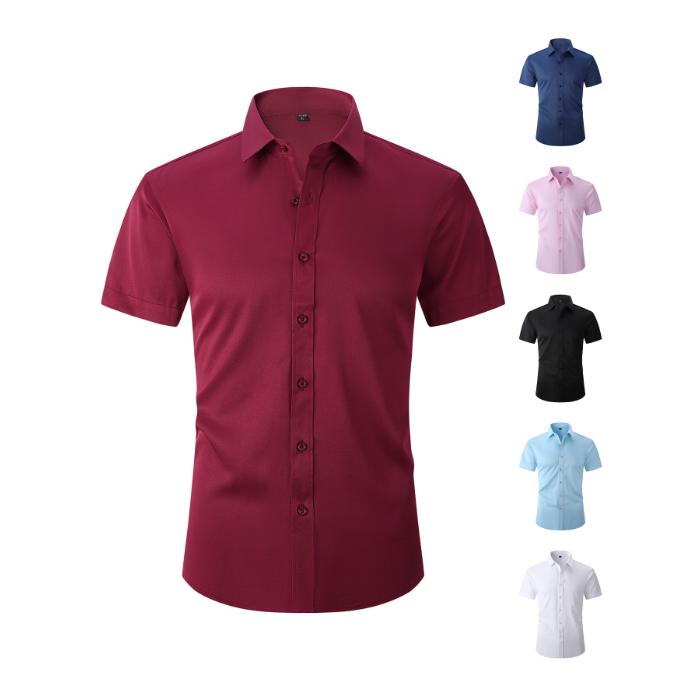 

Summer Cotton Men s Short Sleeve Dress Shirt Solid Color Formal Business Button Down Regular Fit for Office Party Daily Wea M вино красного