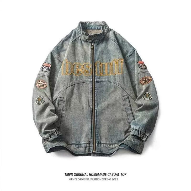 

Men s Vintage American Retro Denim Jacket with Embroidery - Spring/Autumn 2025 M