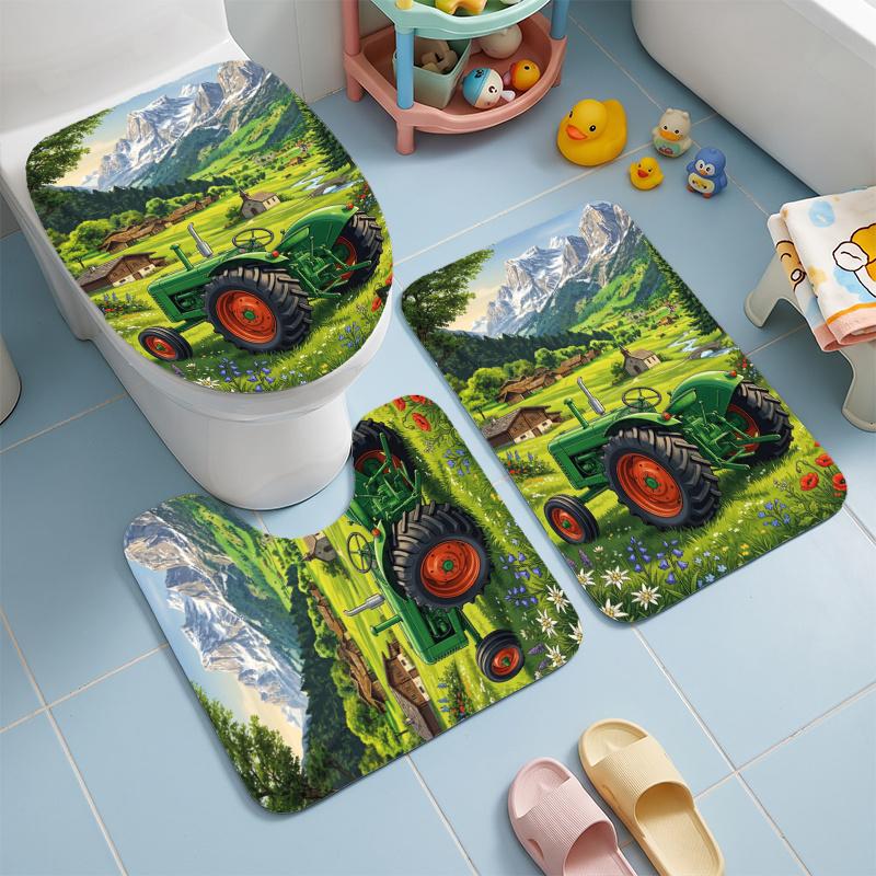 Tractor (5) Flannel Toilet 3 Piece Set Soft Bathroom Toilet Seat Cover Non-Slip Bath Rug Home Bathroom Decor