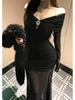 Elegant Mature Women's One-Shoulder Mesh Long-Sleeve Slim Fit Formal Dress 2026