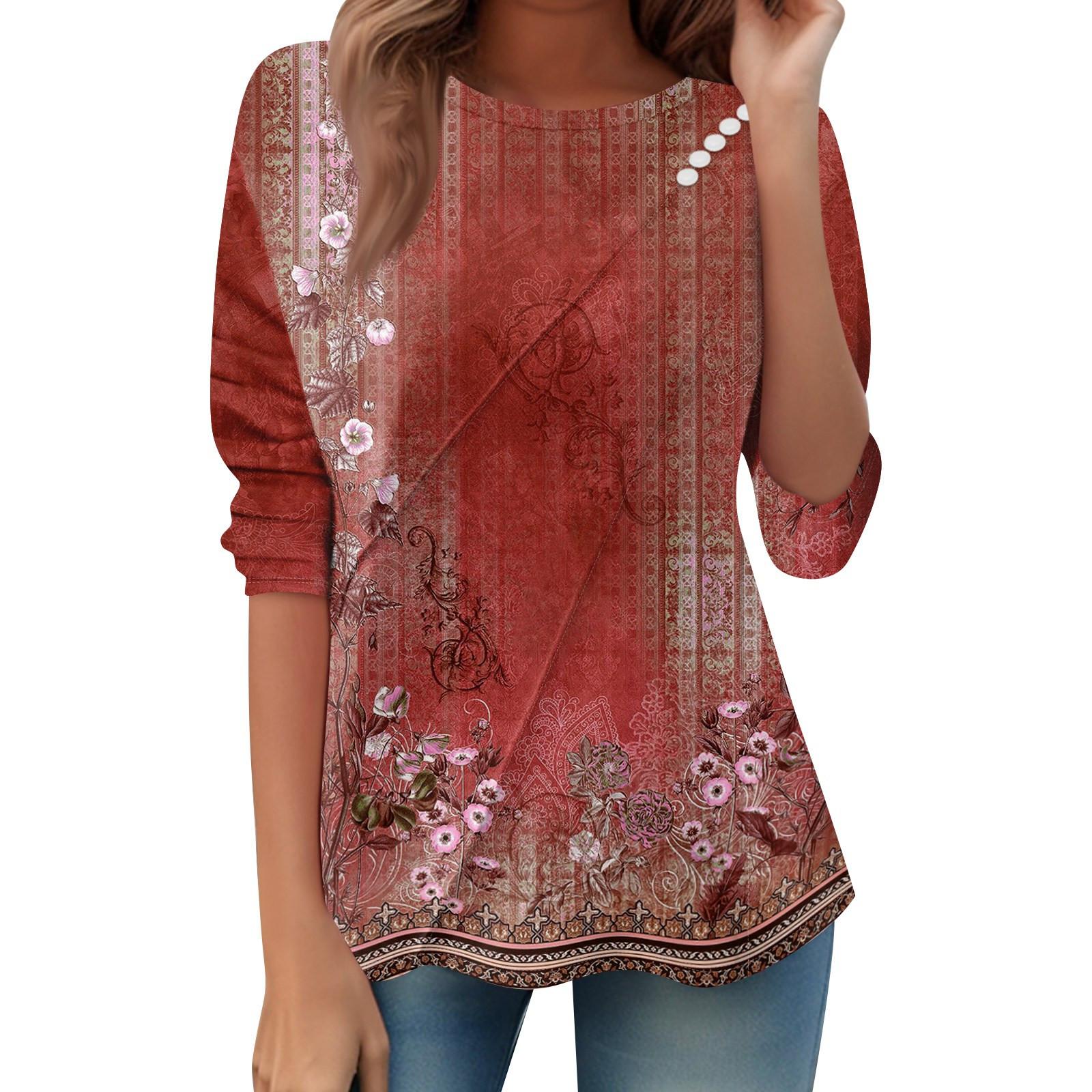 

Women s Loose Casual Long Sleeve Top Round Neck Button Pull Stripe Prints T Shirt XL винний