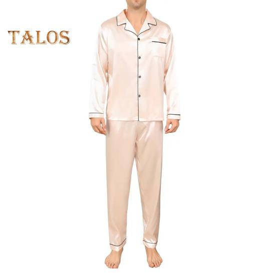

2 шт./компл. Шелковый атласный мужской пижамный комплект с пуговицами, длинными рукавами, верхом из пижамы с воротником-стойкой, пуговицами спереди, нагрудным карманом, длинными штанами, одежда для сна S