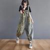 Age-reducing Printed Denim Overalls Women's Summer Literature and Art Large Size High Waist Slimming Small Feet One-piece Pants