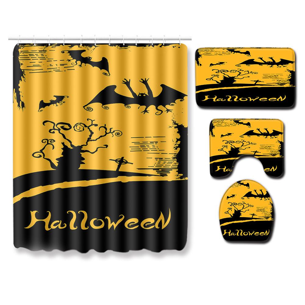 Halloween Duschvorhang Bodenmatte Kombination Vierteilige Haushalts-Fußmatte Schlafzimmer Rutschfester Teppich