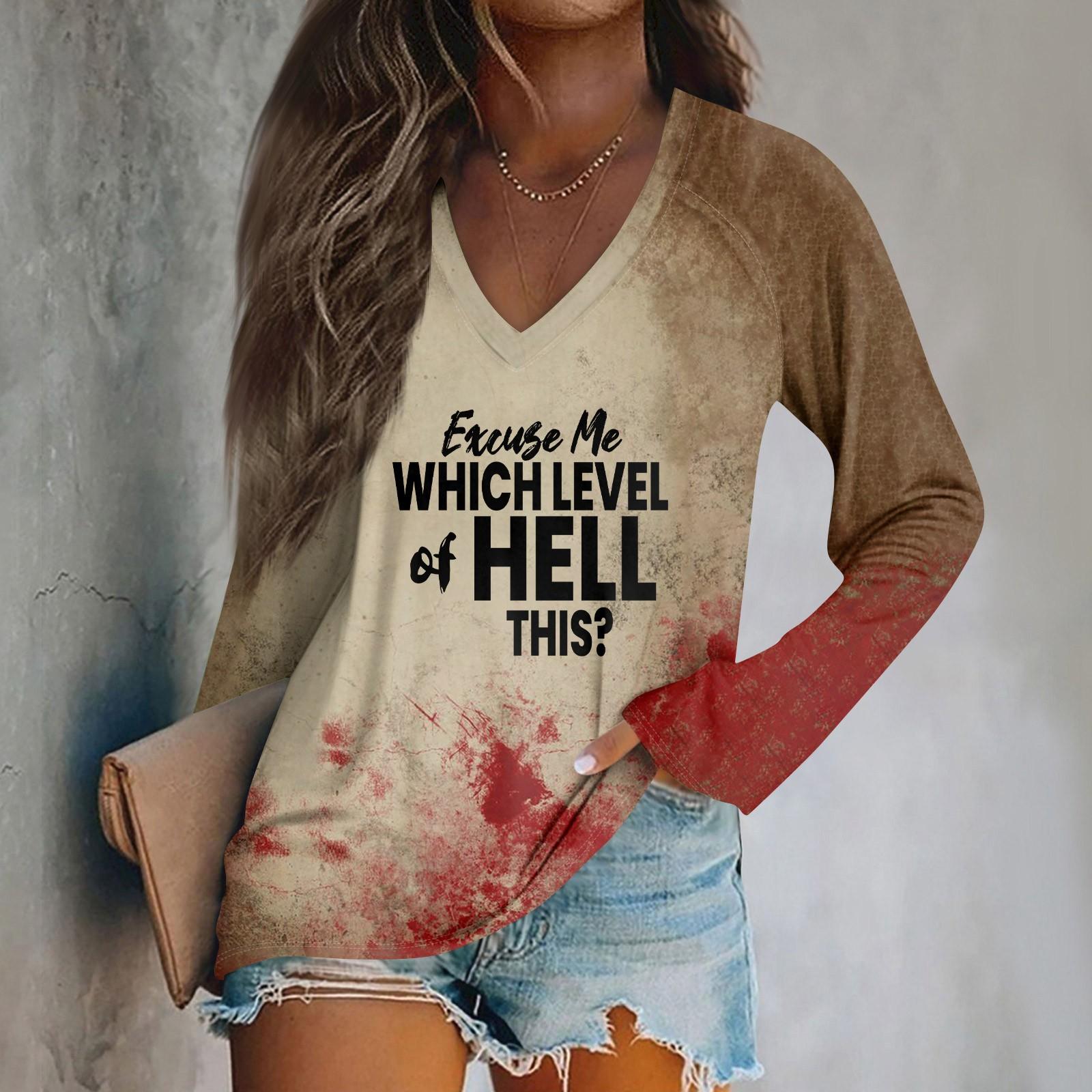 

Женский модный повседневный топ с длинным рукавом и принтом на Хэллоуин с V-образным вырезом M чёрный