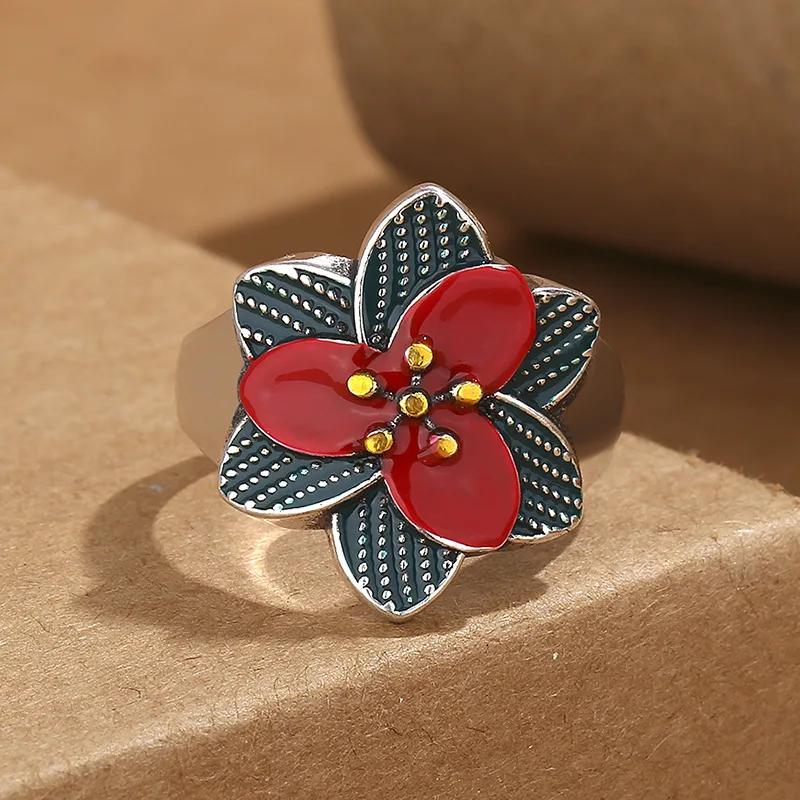 Vintage Ethnic Style Enamel Fired Blue Peony Flower Adjustable Ring for Women  Floral Luxury Party Vacation Jewelry Gifts