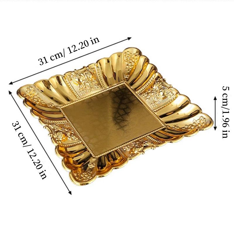 European Fruit Plate, Metal Square Relief Pattern Platter, Golden Retro Large Small Snack Disc, Home Living Room Decoration,1pcs