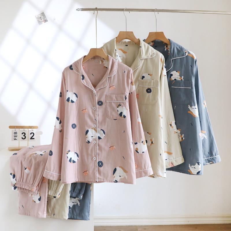 Conjunto de Pijama Nuevo para Pareja Primavera y Otoño 100% Algodón Doble Capa Gasa Manga Larga Pantalones Ropa de Casa para Mujer