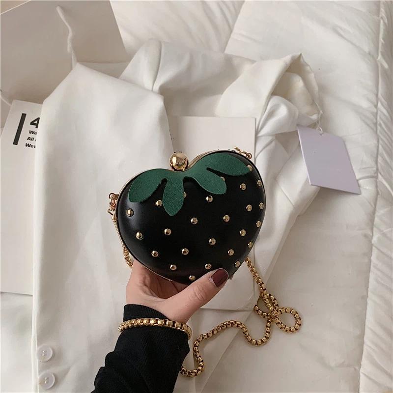 Strawberry Print Red Leather Crossbody Bag Gold Studs Chain Strap Lovely Mini Shoulder Purse for Girls Party Gift