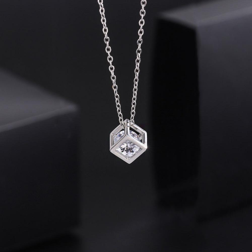 Stainless Steel Clavicle Chain Hollow Zircon Crystal Necklace Square Pendant Necklace  Party Gift