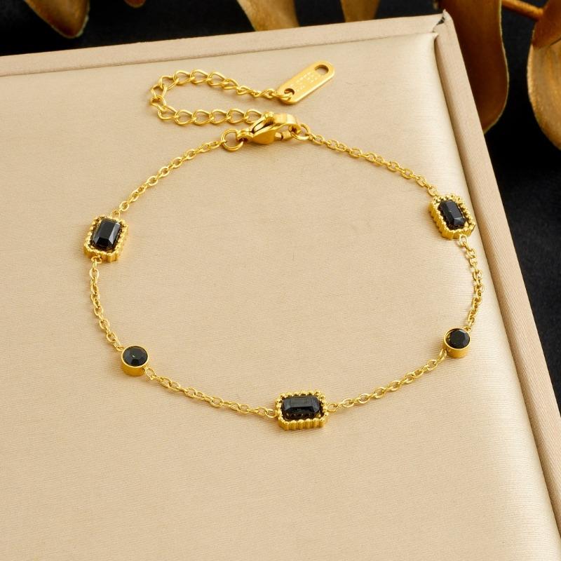 18K Gold Plated Black Onyx Gemstone Bracelet, Dainty Rectangle Zircon Station Link Bracelet for Women, Vintage Jewelry