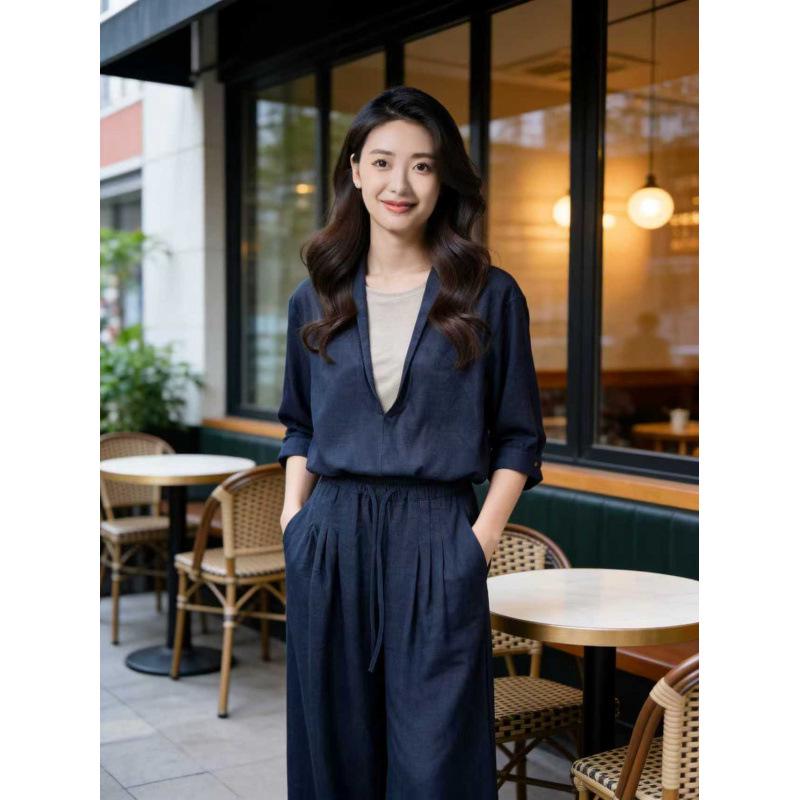 

Midsummer Guo Yuxin Linen-Cotton Denim Suit: Two-Piece Jacket & Wide-Leg Pants S