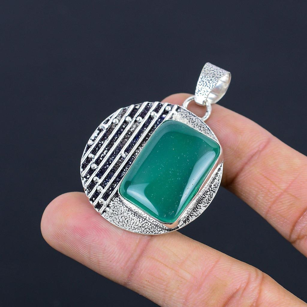 Sterling Silver Natural Green Onyx Anniversary Bezel Engagement Pendant Jewelry