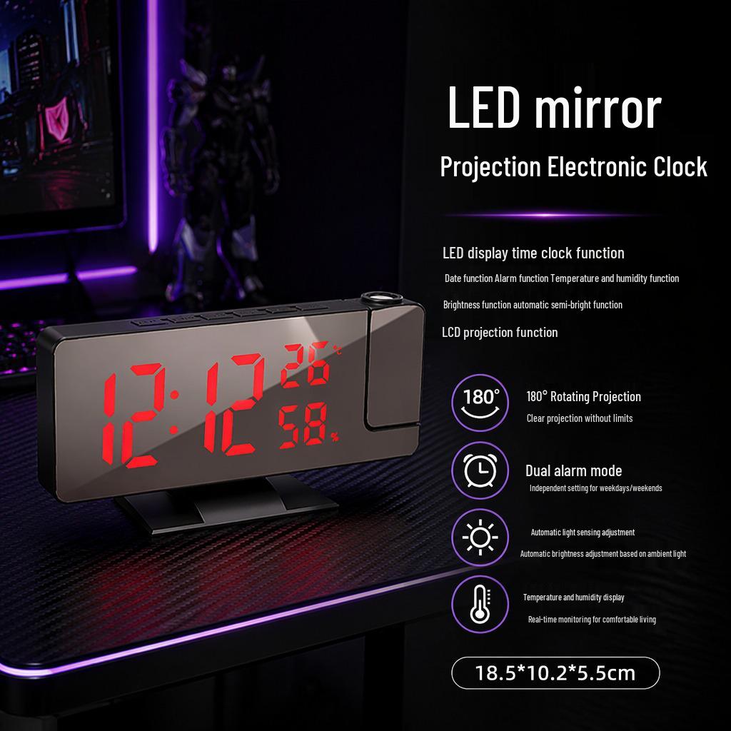 Rotating Projection Alarm Clock with Large Digital Display and Mirror Screen