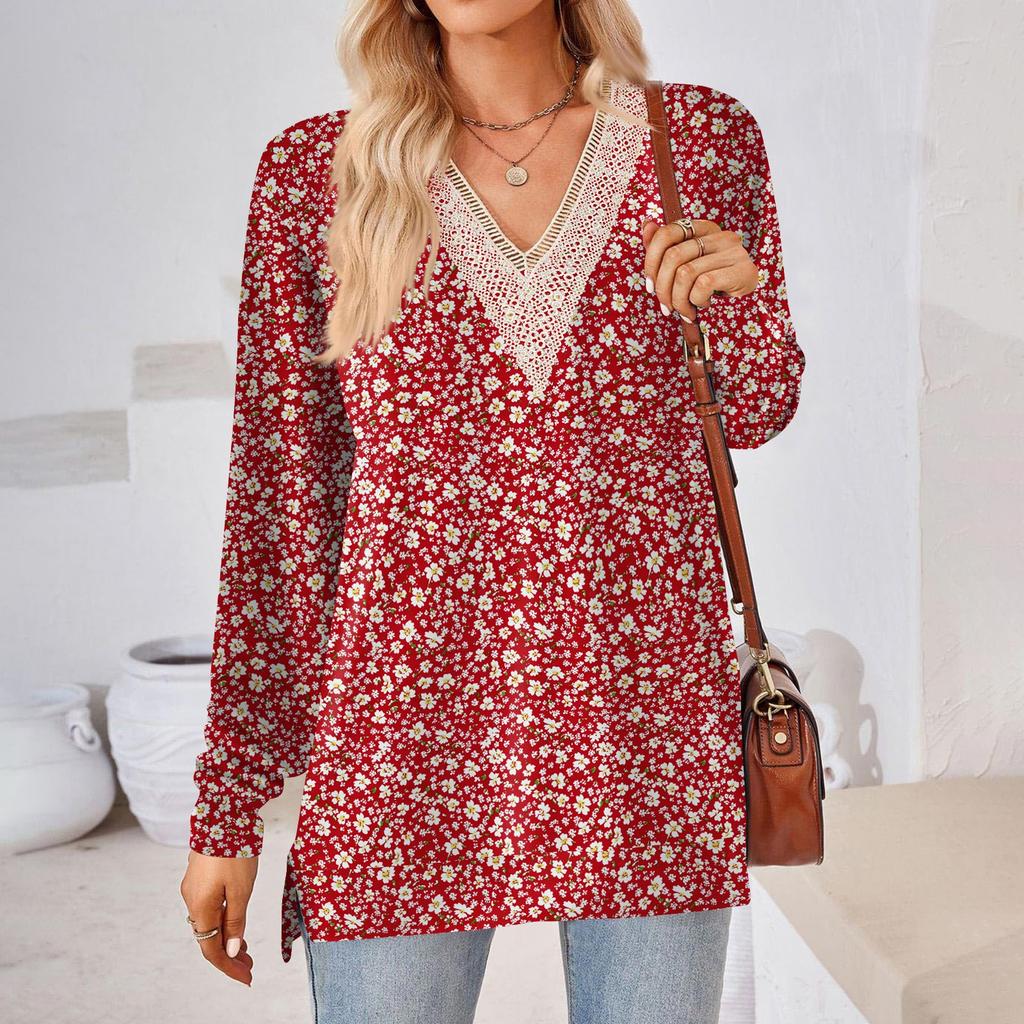 Womens Tops Loose V-neck Contrast Color Split Loose Long Sleeve T-shirt Women's Tops