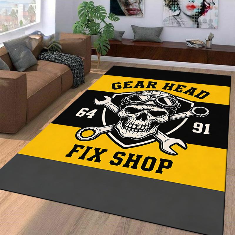 "Gear Head Fix Shop Skull with Tools Yellow and Black Themed Rug" Suitable for use as an anti-slip for living room bedroom sofas