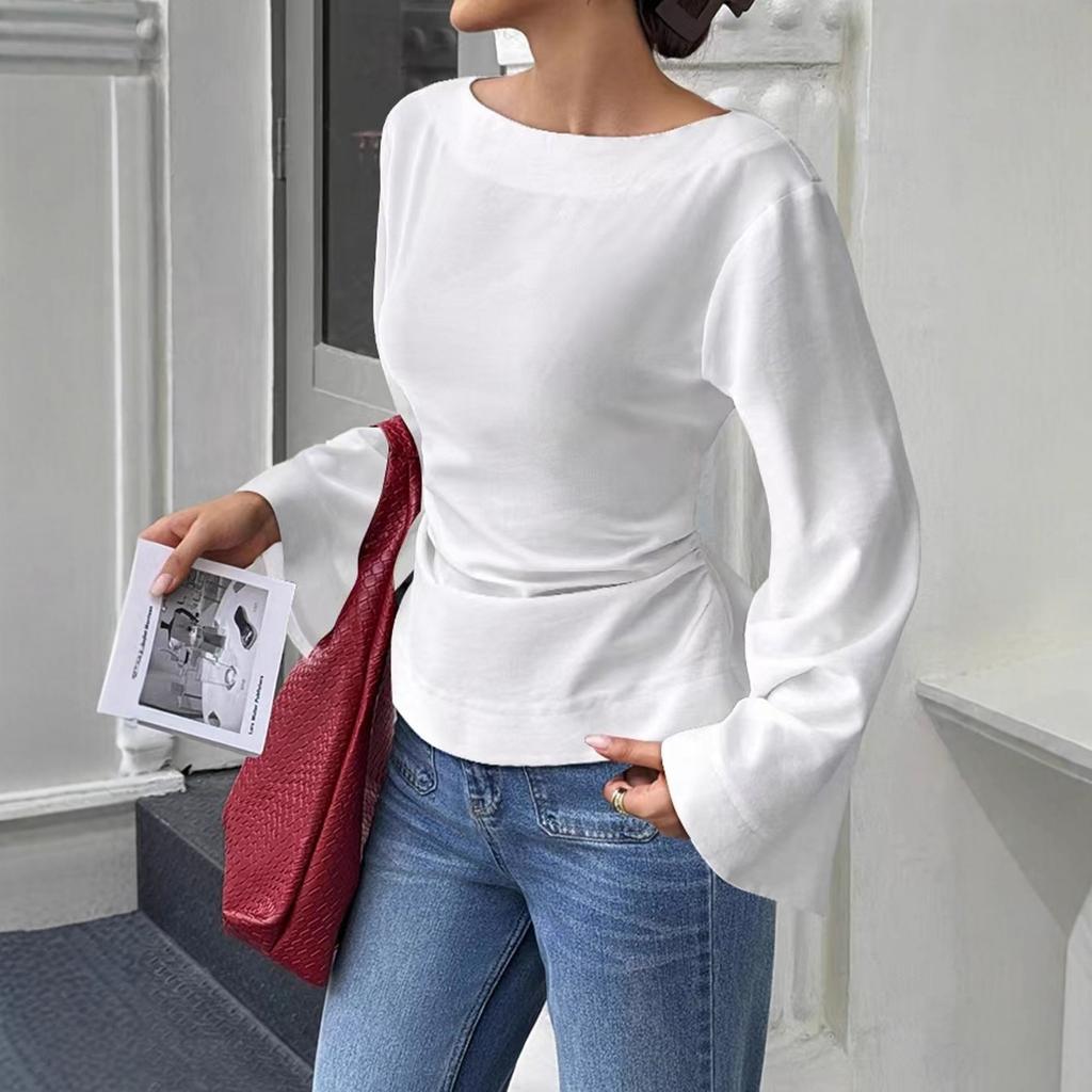 New Color-block Trendy Casual Versatile Fitted Boat-neck Personalized Street-style Wide-sleeved Top T-shirt