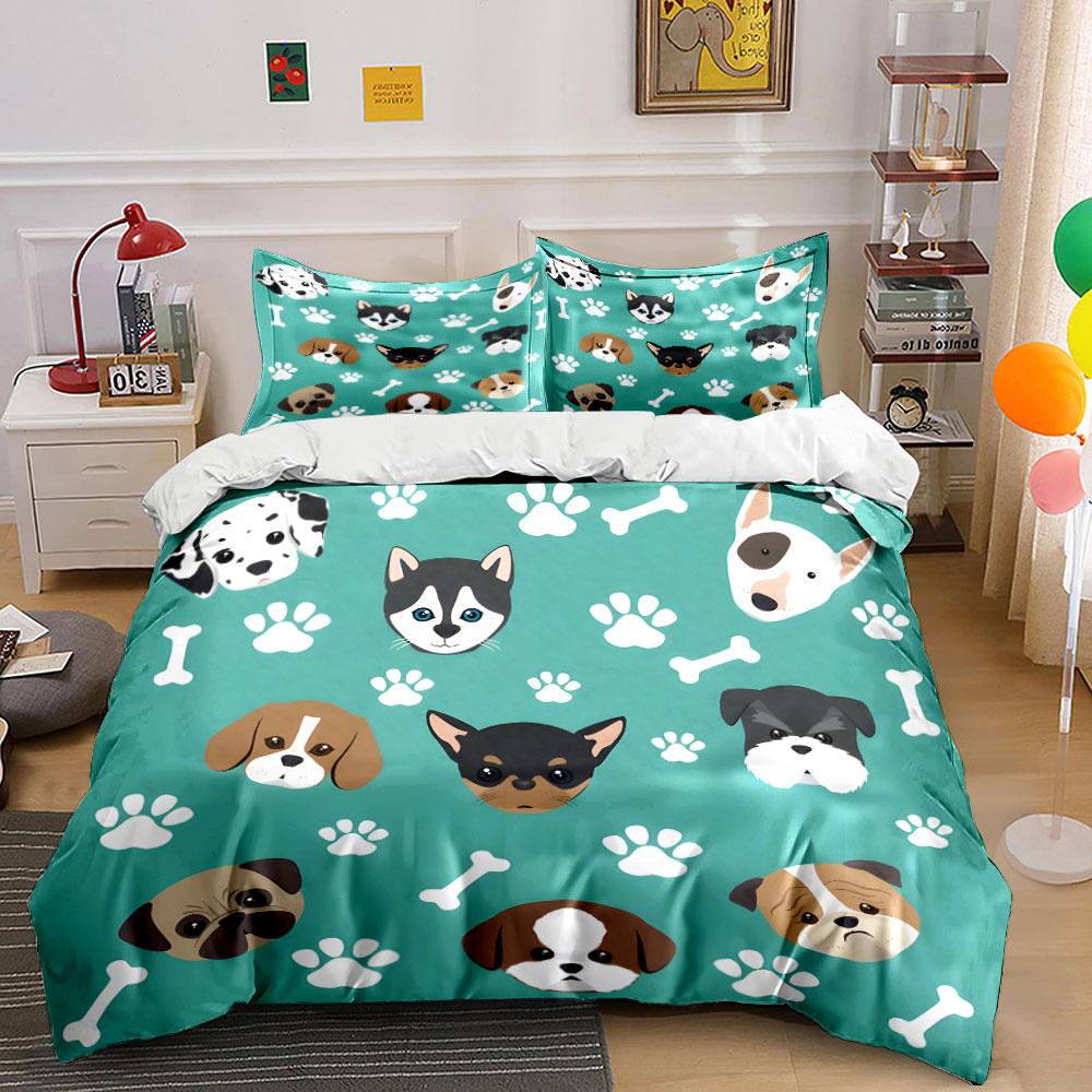 Cute Dog Faces and Paw Prints Bedding Duvet Cover Set (1*Duvet Cover 2*Pillowcases, without duvet insert)