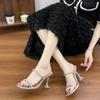 New Transparent High Heels Square Head Stiletto One-word Diamond with Cool Slippers Wine Glass Heel