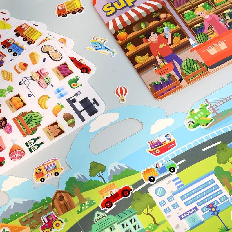 Reusable Sticker Book for Kids Vehicles Truck Multi-Theme Bubble Sticker Jelly Stickers Educational Learning Toys for Children