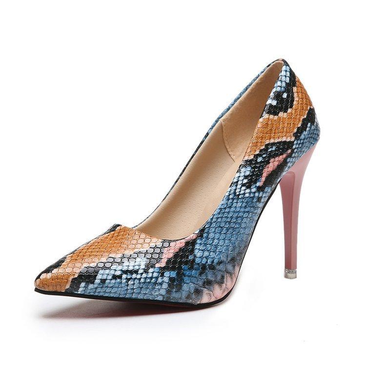 2026 New Thin Heels Shoes Women Pumps Pointed Toe Yellow Snake Prints Party Leisure Super Big