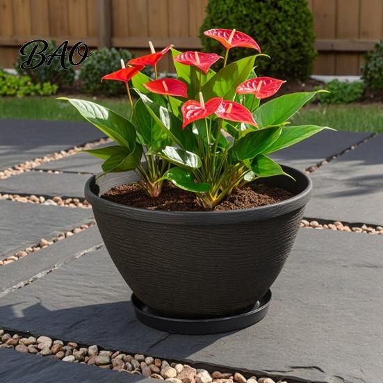 Pressure Resistant Garden Basin Resin Flower Planters, Vintage Plant Pot with Drainage Hole & Saucer, Lightweight Planter for Home Decor Indoor