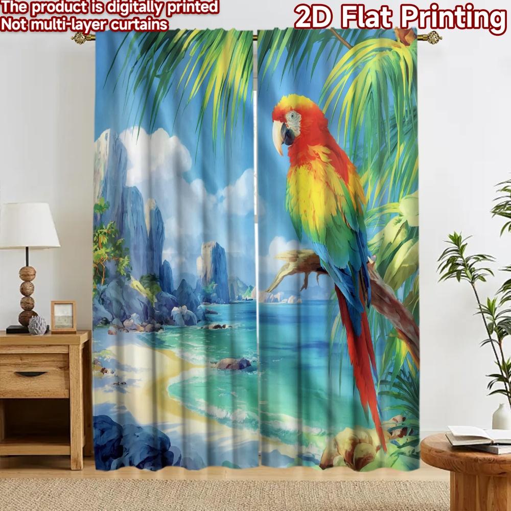 2D flat printing 2pcs Curtain Window Curtains Tropical Parrot by Beach Digital Printed Polyester Drapes Party Decorations