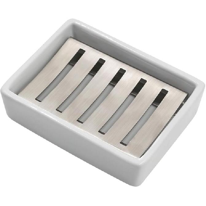 TOPSKY Ceramic Soap Dish Holder Stainless Steel for Bathroom, Double Layer, Self-draining Soap Tray, Say No to Mushy Soap, Easy Cleaning. (White)