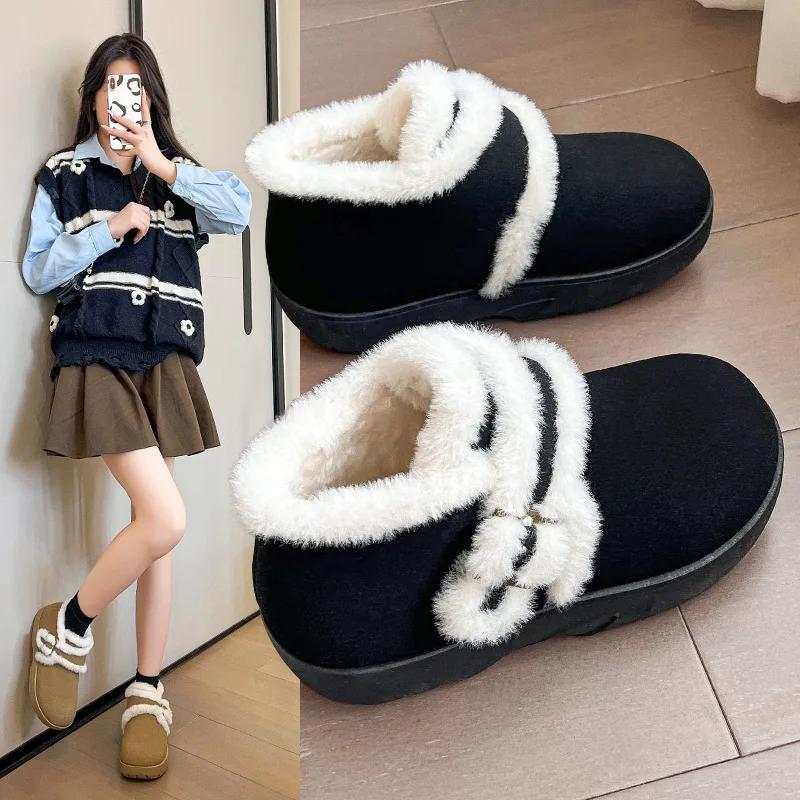Fashion Platform Boots Women 2024 Winter New Warm Cotton Shoes Women Plus Fleece Non-slip Flat Women's Ankle Boots