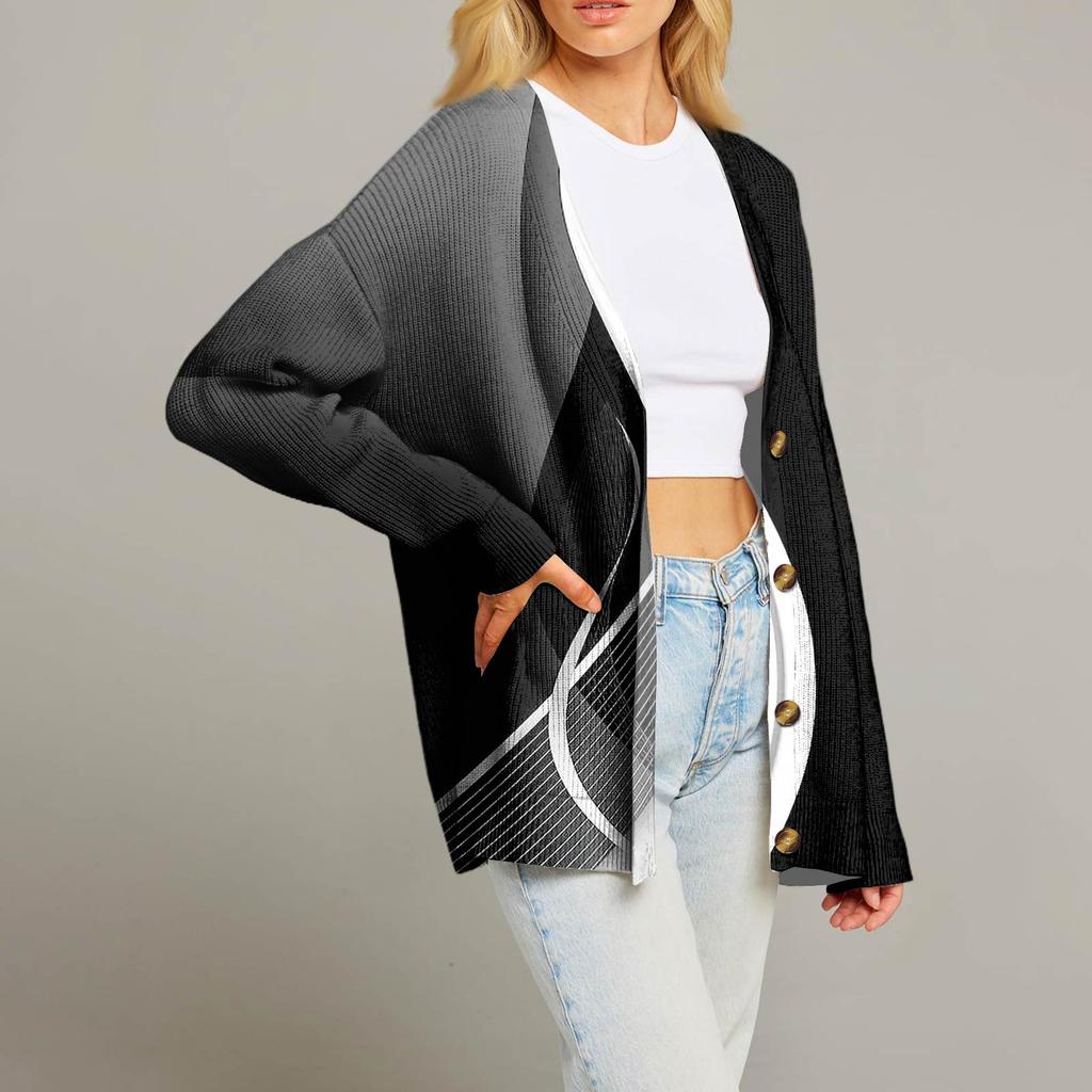 Women's Fashion Long Sleeve Print V-Neck Button Loose Cardigan Top