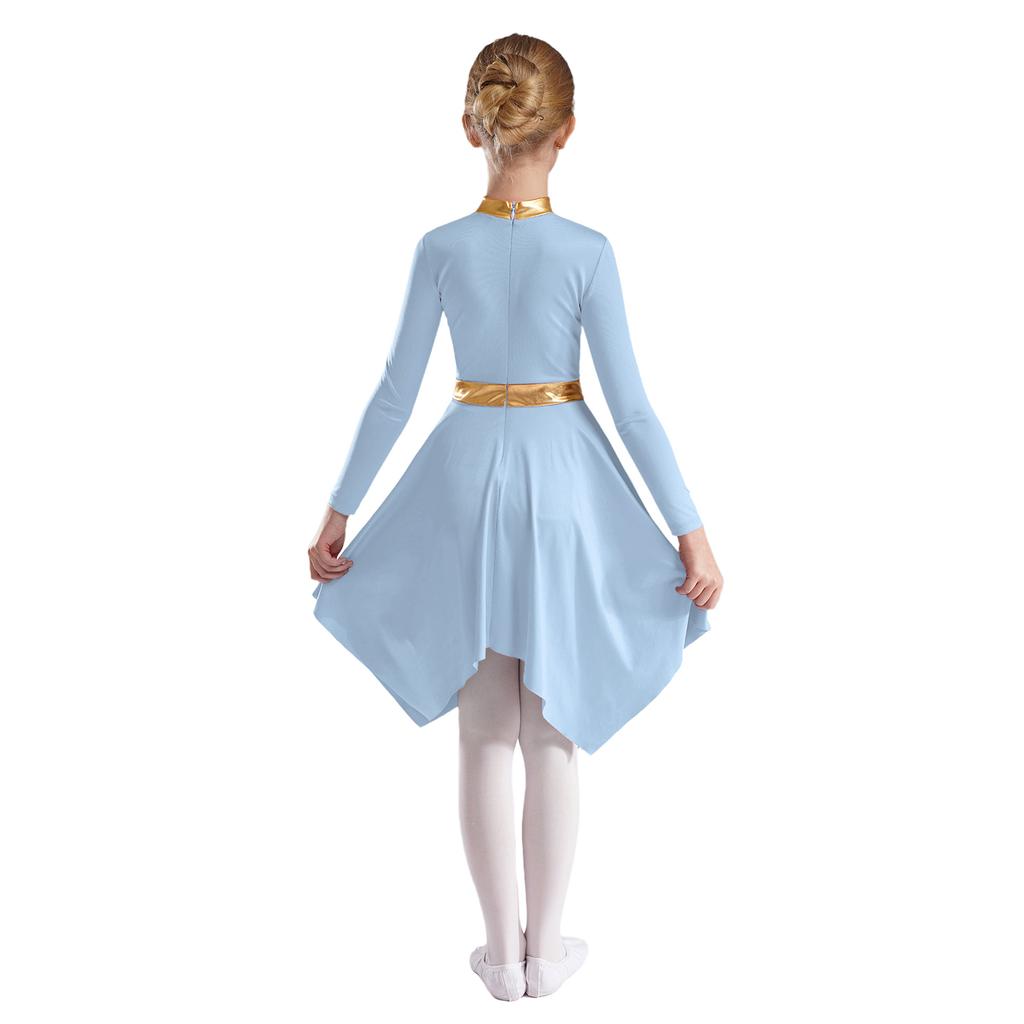 Girls Praise Worship Dance Dress Contrast Color Metallic Patchwork Mock Neck Long Sleeve Asymmetrical Dancewear