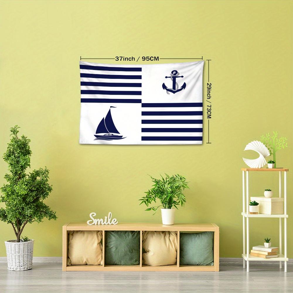 1 Stück Nautische Anker und Segelboot Wandteppich - Blau und Weiß gestreiftes Maritimes Thema Wandbehang, Polyester Gewebt, Tier Grafik Dekor für Bett