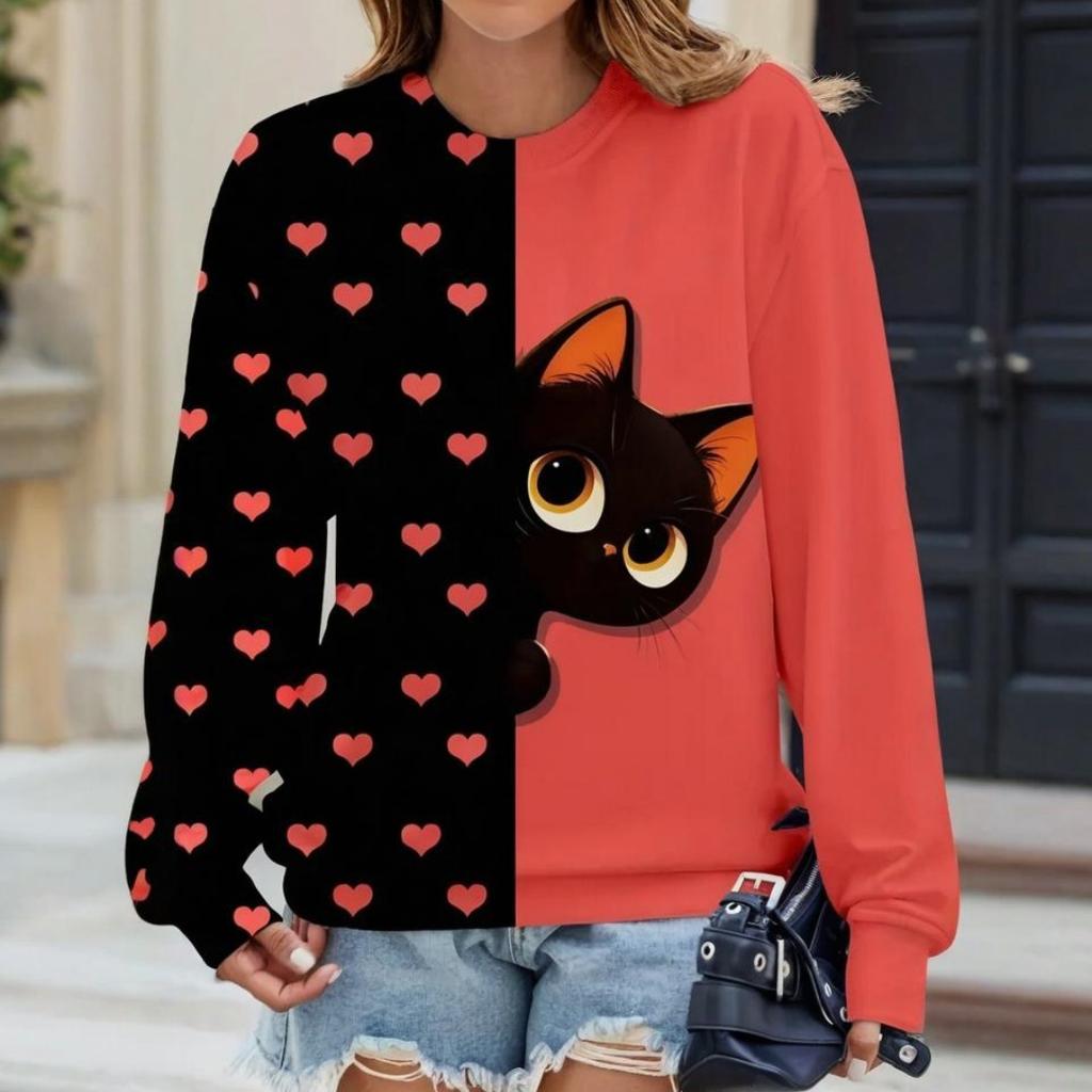 Damen Langarm-T-Shirt für den Herbst Locker sitzendes Casual Langarm-Oberteil Cartoon Katzen-Print Übergröße Damenbekleidung