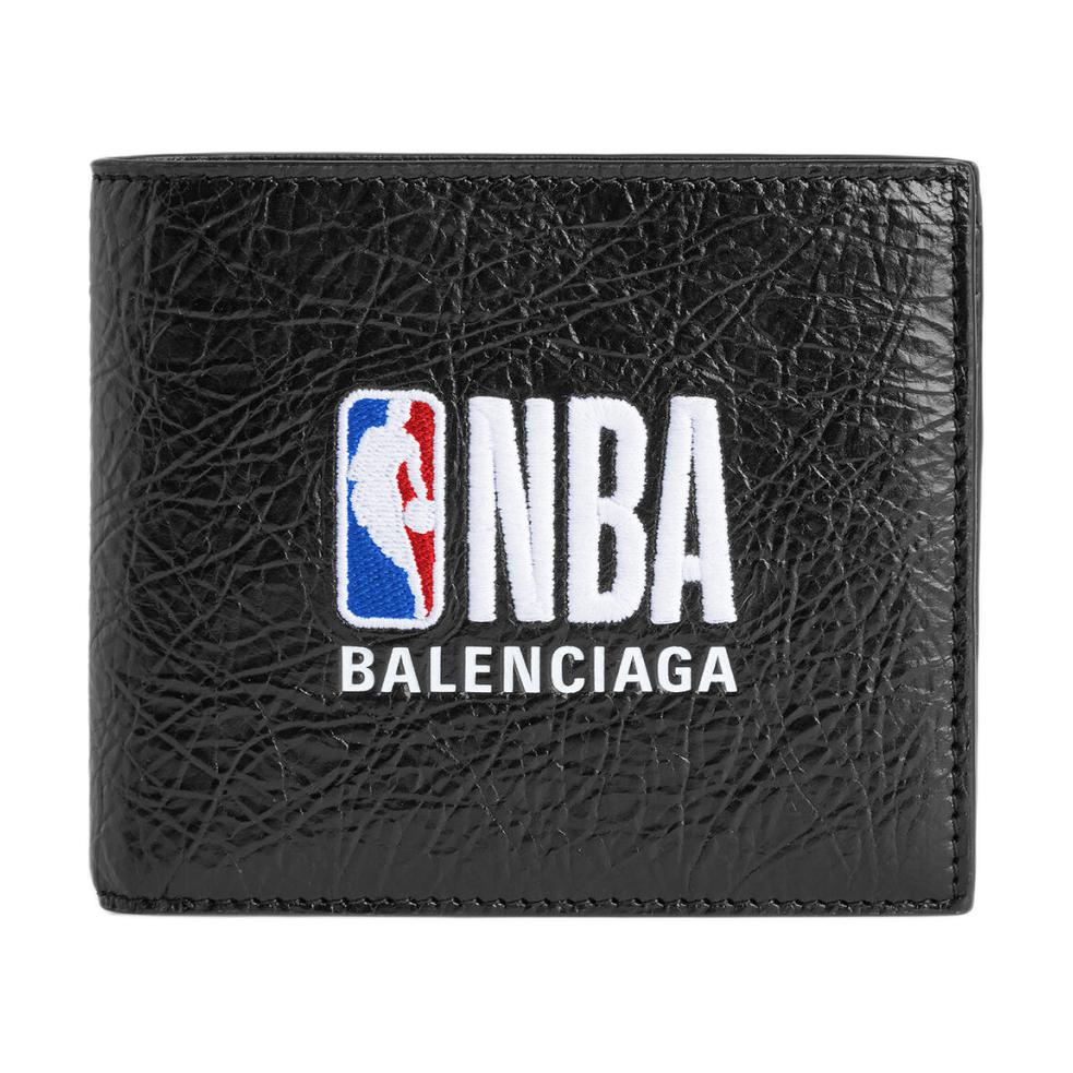 Balenciaga X NBA Collaboration Cash Art Embroidery Brand Logo Print Lambskin Wallet Men wallet Black 8660482ACFP1000