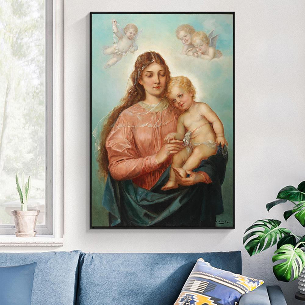 Madonna und Kind mit Engeln Malerei Zatzka Wand Retro Kunst Leinwand Druck Poster Warme Bild für Wohnzimmer Home Decor Cuadros