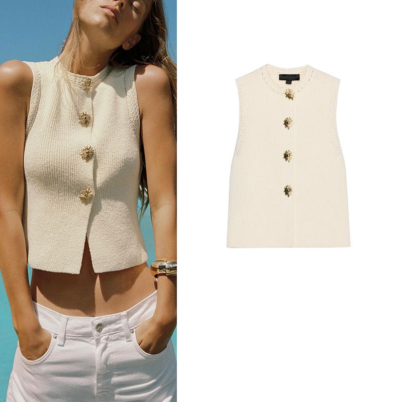 Summer New Women Clothes Gold Decorated Row Button Knitted Round Neck Sleeveless Simple Vest Style Top 6771068