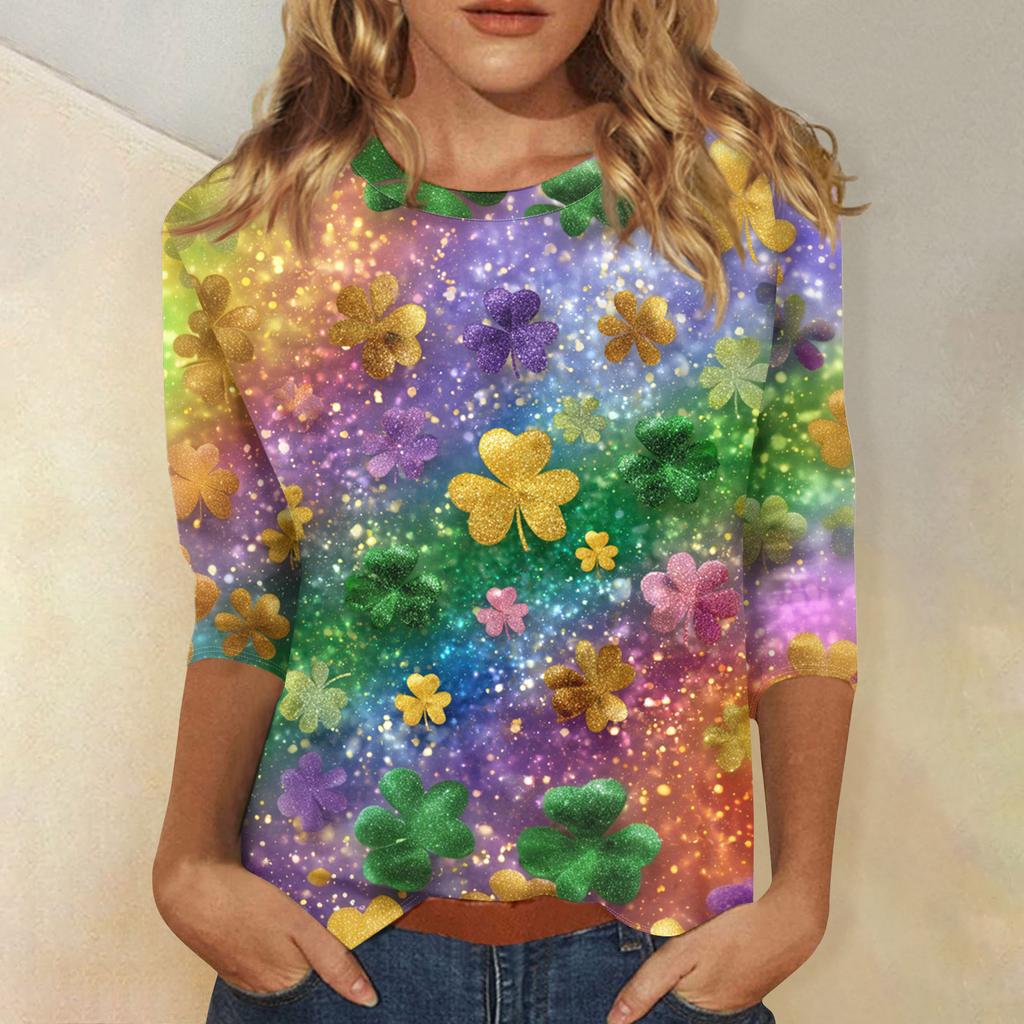 Damenoberteile Dreiviertelarmshirt Rundhalsausschnitt Lockeres Freizeitshirt Druck T-Shirt
